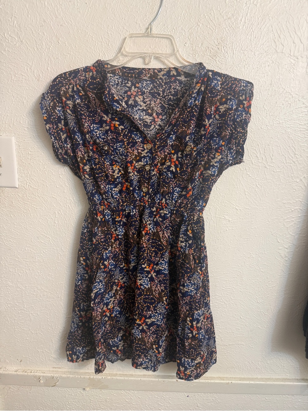 Women's Navy Floral Midi Dress - Casual Button Front
